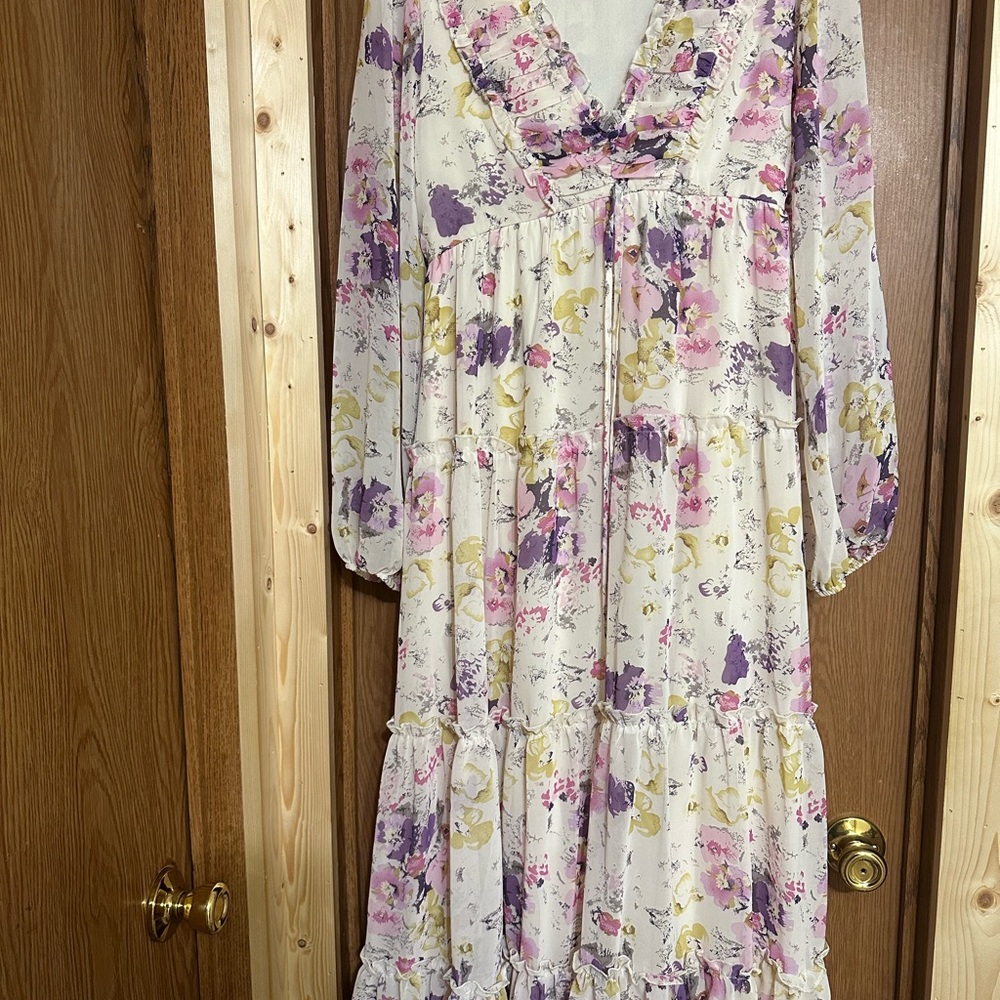 Floral Maxi Dress in Cream with Purple & Pink Accents